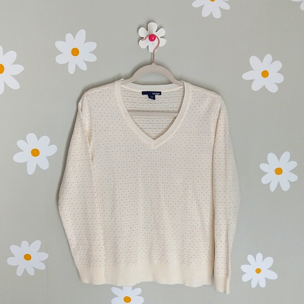 Basic Editions Cream V-Neck Sweater With Metallic Gold Polka Dots